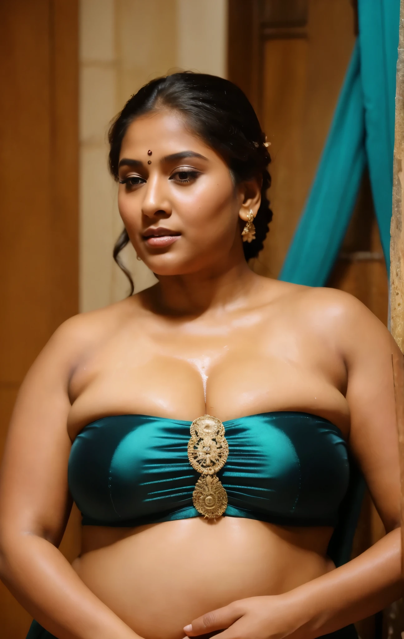 Extremely gorgeous, round face, shoot for a famous cosmetics brand, shoot for top health magazine cover Page, bold photoshoot, bold looks, body positivity, stunning beauty, ravishing, spicy hot, sizzling hot, sensual shoot, artistic sensual photograpy, thick figure, curvy, Thick navel, sexy tempting lady, sexy navel folds, fleshy figure, woman with a flower in her hair and a flower in her hair, closeup portrait shot, movie stills photography, traditional beauty, body sweat, glistening skin, feminine curve, curvy body, skin texture, skin pores, traditional clothes , traditional female hairstyles, pretty face!!, shot on sony alpha dslr-a300, indian woman with brown skin, indian goddess, traditional makeup, movie stills, actress, close - up portrait shot, detailed portrait shot, ultra HD, 32k,  hyper realistic, hyper realistic skin, High level professional photography, insane details, high quality skin, beautymarks, real photograph, add every possible elements to make the photo looks as real photograph, full body drenched in oil, oiled body, oiled body makes her more sensually appealing, sensual shoot, 