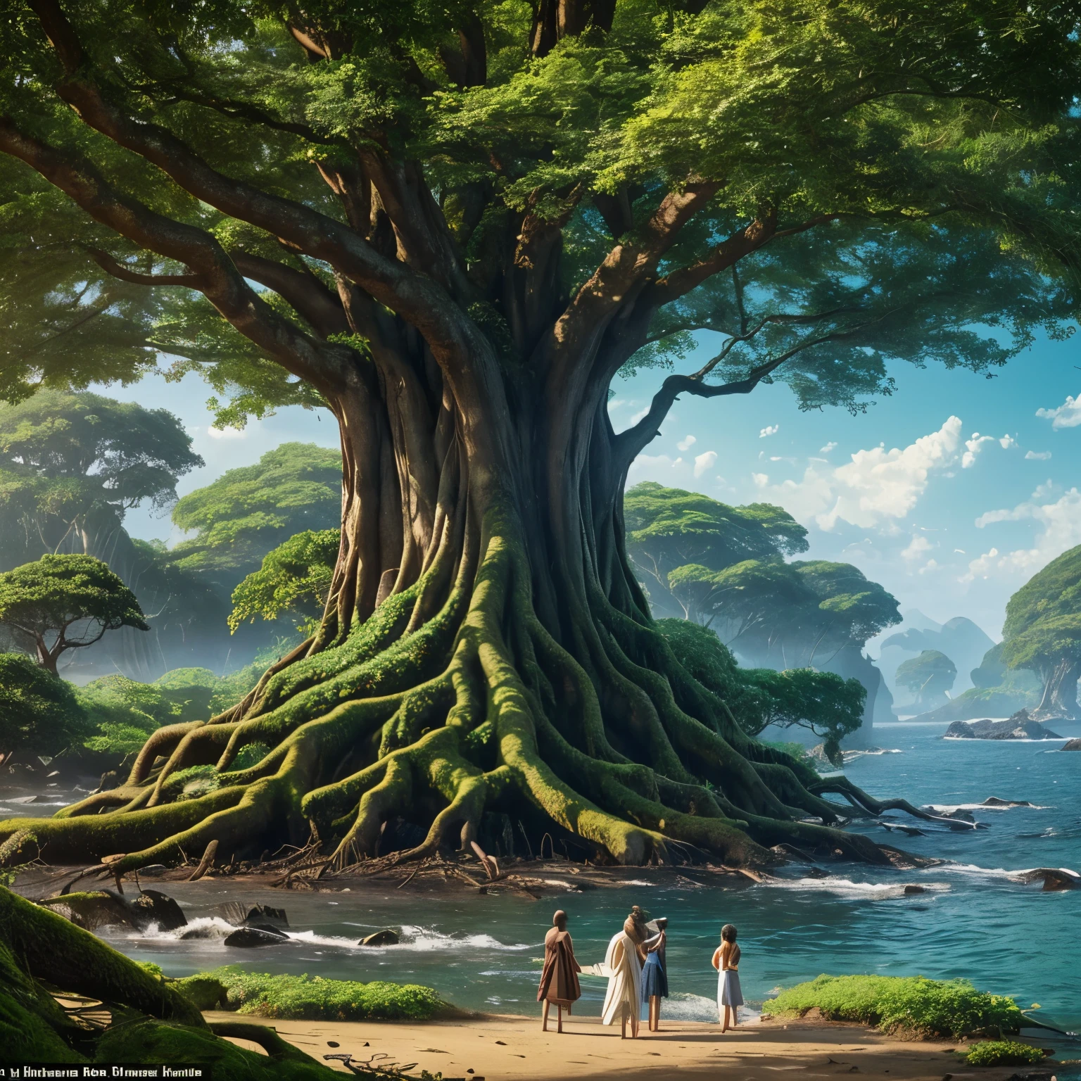 a giant, leafy tree with enormous roots and glossy leaves and fruits; The tree emerges from the waters of a great ocean, primordial and greenish, full of primordial life: fairy beings, fairies, goblins, trolls and gremlins, large and small, are born from the tree, living in harmony; In the sky you can see the living universe, planets and nebulae. in the pictorial style of