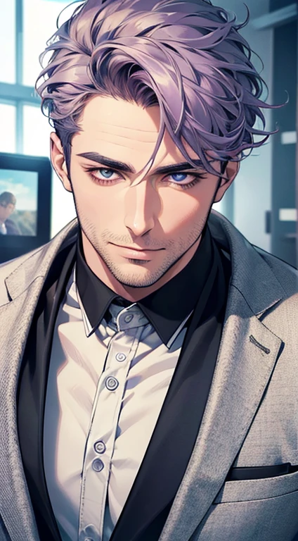 (best quality,4k,8k,highres,masterpiece:1.2),ultra-detailed,(realistic,photorealistic,photo-realistic:1.37),1 man,31 years old,mature man,very handsome,without expression,smile,short grey purple hair,blue eyes,penetrating gaze,perfect face without errors,imposing posture,businessman,office background,cinematic lighting,hdr imagep