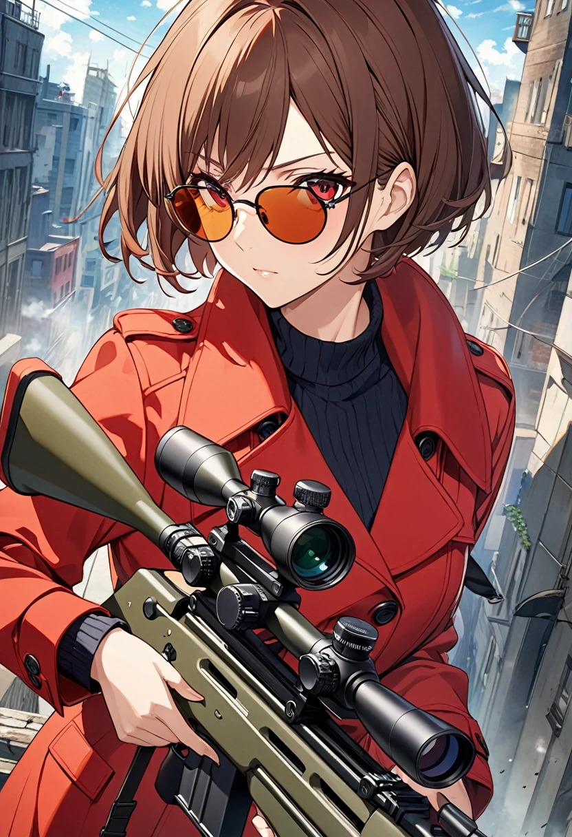 Sniper cover art,Handsome woman wearing sunglasses. Brown Hair, short hair, Red eyes, Wearing a red trench coat.Sniper using a sniper rifle. Anime Visual, detailedなキーアニメーションアート, Anime artwork, The overwhelming impact of anime.beautifully、Very fine texture，detailed, bright, High resolution and high quality presentation in animation style,