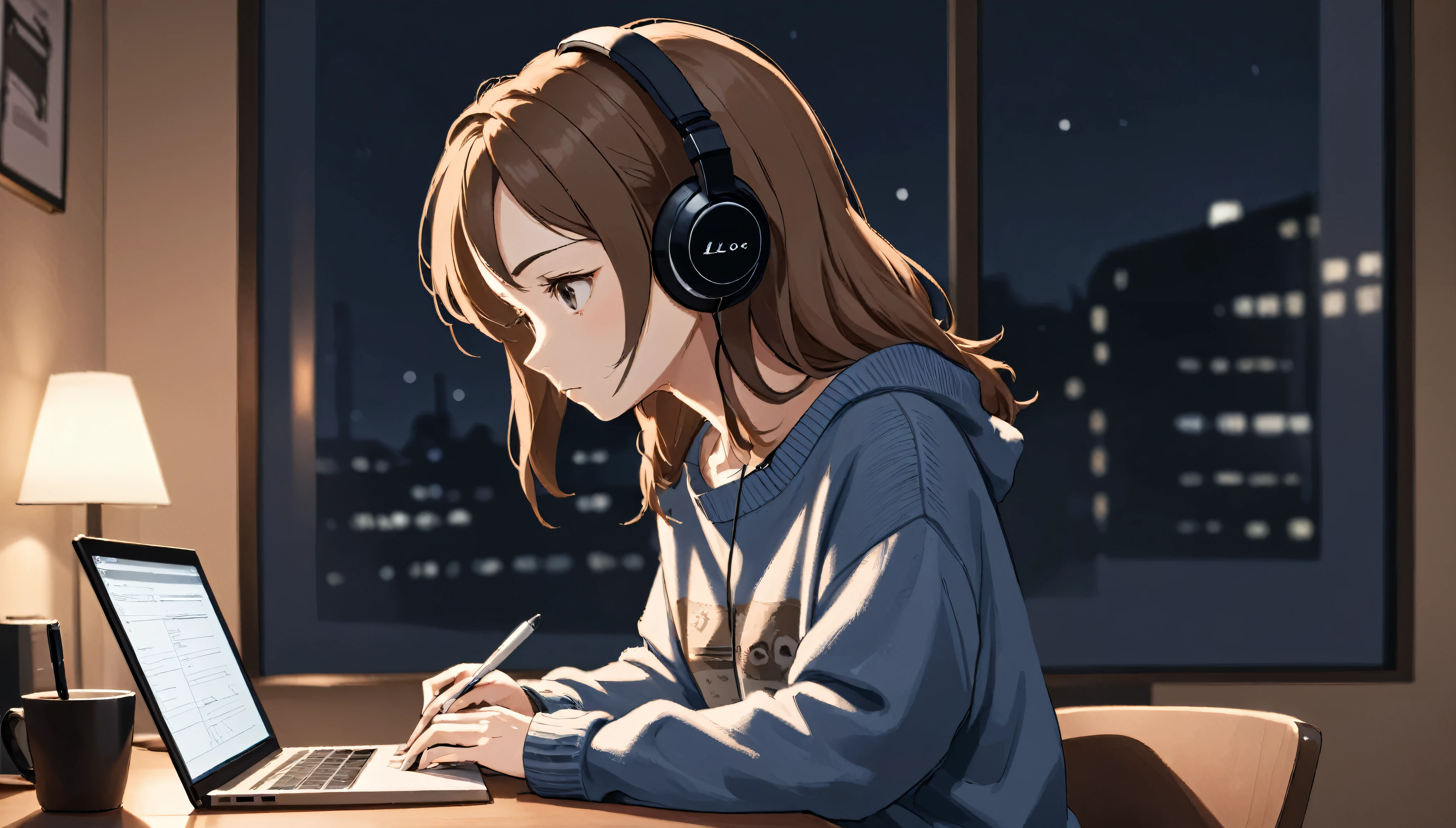 Lo-fi music anime illustration. A woman wearing headphones is researching on her PC. She is looking at the PC with a focused expression. She is dressed in a relaxed outfit (e.g., oversized sweater and jeans). On the desk, there are notebooks, a pen, and a coffee cup. In the background, there's a night window showing a quiet cityscape. The room is illuminated by warm lighting, creating a cozy atmosphere.