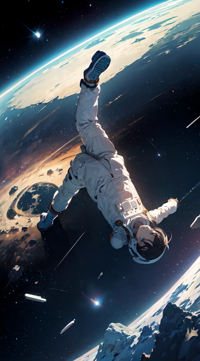 Astronaut, floating in space, reaching out to help, with the Milky Way behind, seeing the Earth, the moon, the universe, floating