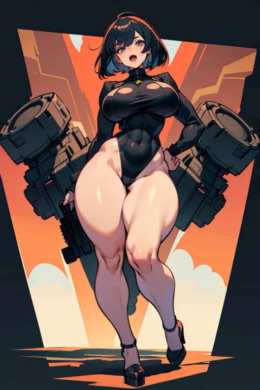 exited, smile, scream, Open mouth, young girl, Pullover, whole body to see bob cut hair, (( very wide hips)), (((colossal Thighs, gigantic thighs, very huge thighs, very big thighs))), fullbody, platform heels, black skin, very Big breast, gun, soldier girl , full body, military , high cut leotard, cyberpunk, battle, body back view, butt