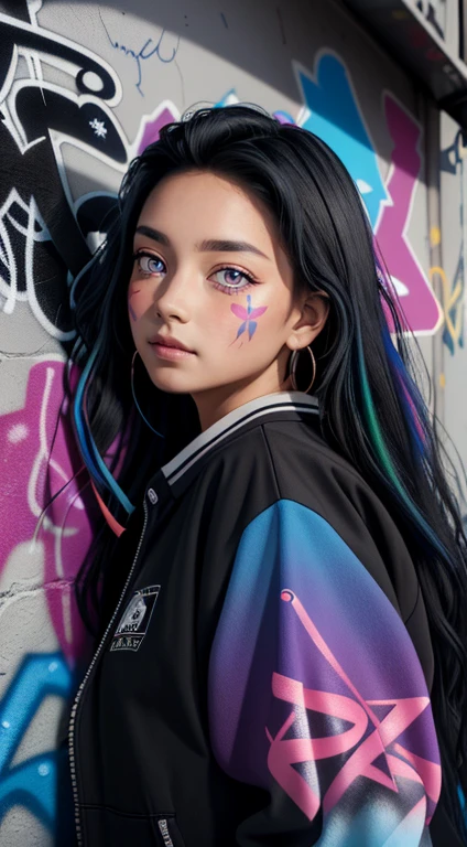 (Best Quality), masterpiece, Extremely detailed CG uniform 8K illustration, high color, extremely high color saturation, all the colors deepened, smart, graffiti art, center composition, extremely detailed lights and shadows, graffiti wall, wall smarted bright, 1 girl graffiti 1 girl looking at the wall, Extremely detailed face and eyes, Medium long hair, sportswear, colored clouds