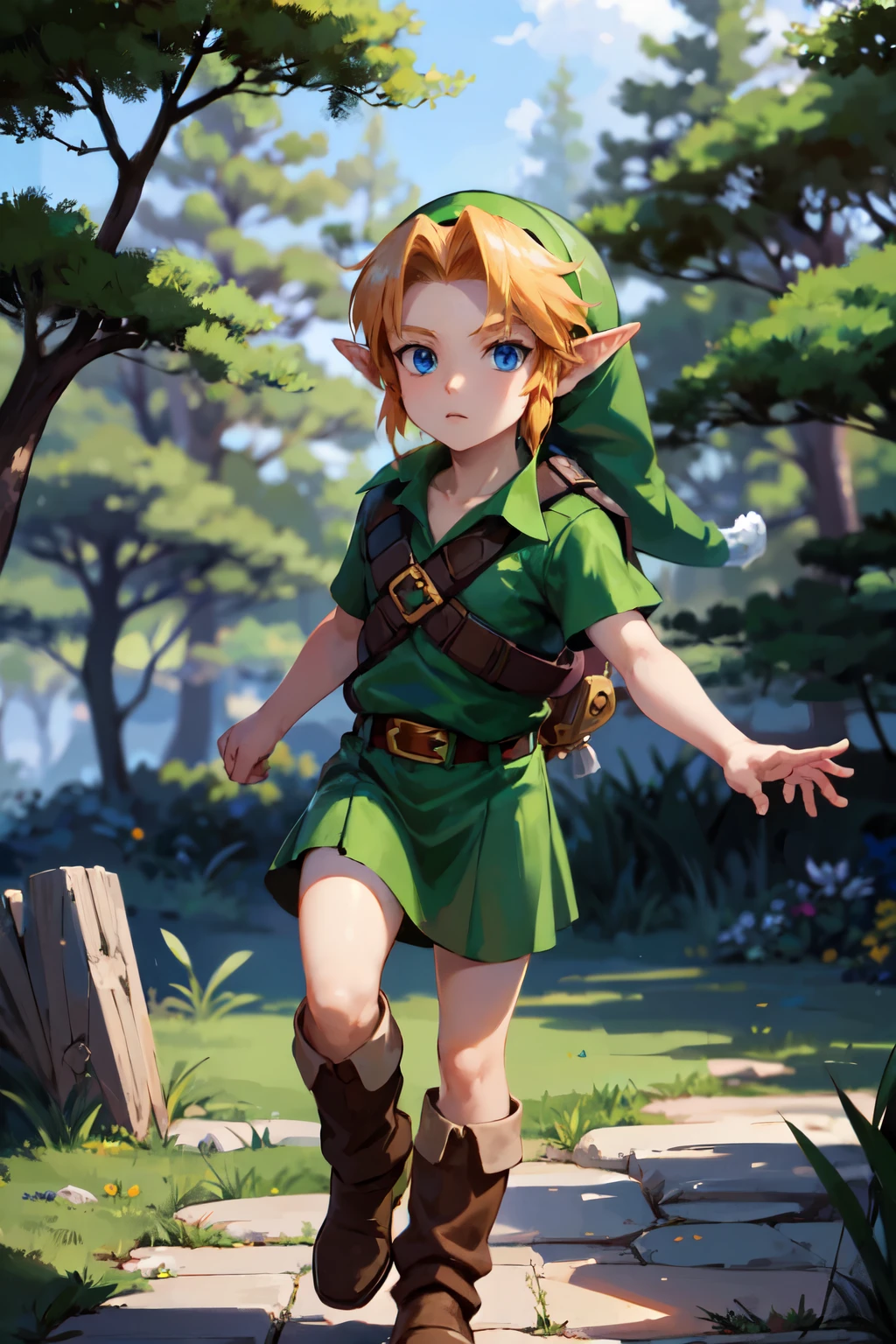 young link, Chico, by rubio, blue eyes, has, pointy ears, green tunic, belt, Boots, looking at the viewer, outside, Magic Forest, extreme detail, HdR, beautiful quality, masterpiece,