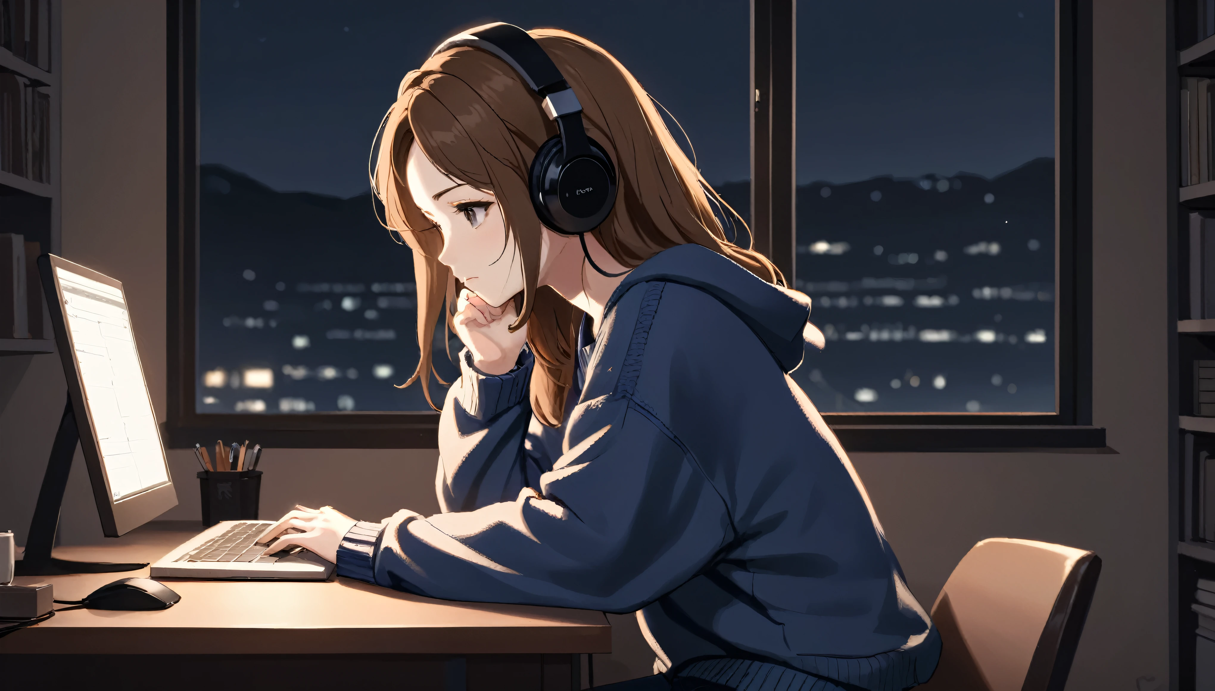 Lo-fi music anime illustration. A woman wearing headphones is researching on her PC. She is looking at the PC with a focused expression. She is dressed in a relaxed outfit (e.g., oversized sweater and jeans). On the desk, there are notebooks, a pen, and a coffee cup. In the background, there's a night window showing a quiet cityscape. The room is illuminated by warm lighting, creating a cozy atmosphere.