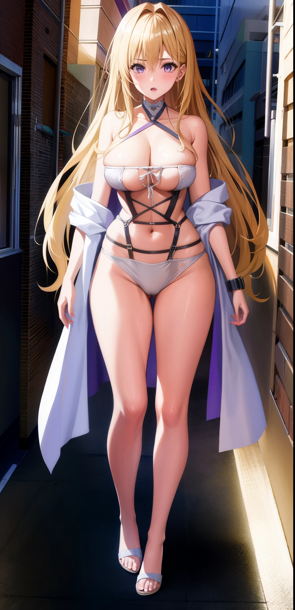 girl,Large Breasts,long hair,Topless,Bow,Blonde Hair, Purple Eyes, Cleavage,Large Breasts,whole body,NUDE