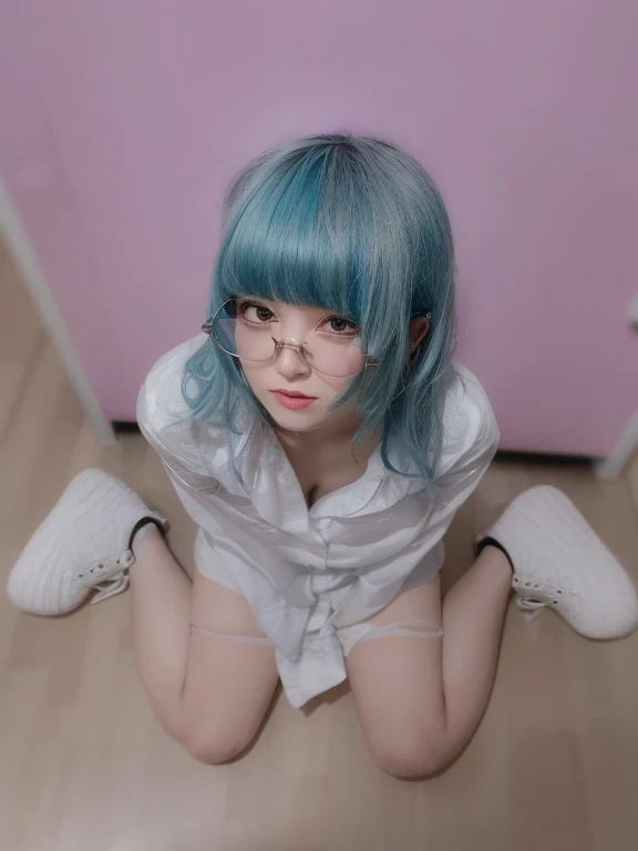 A girl with her shirt open, exposing most of her breasts　Wolf with glasses and light blue hair　