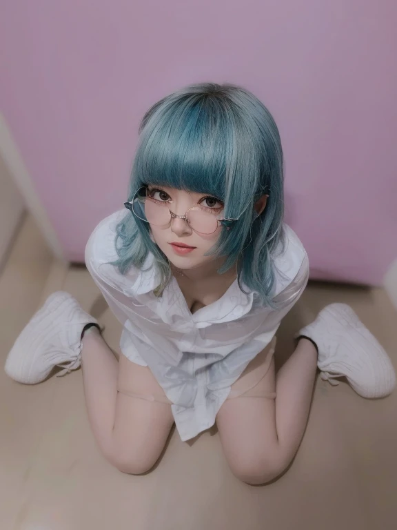 A girl with her shirt open, exposing most of her breasts　Wolf with glasses and light blue hair　