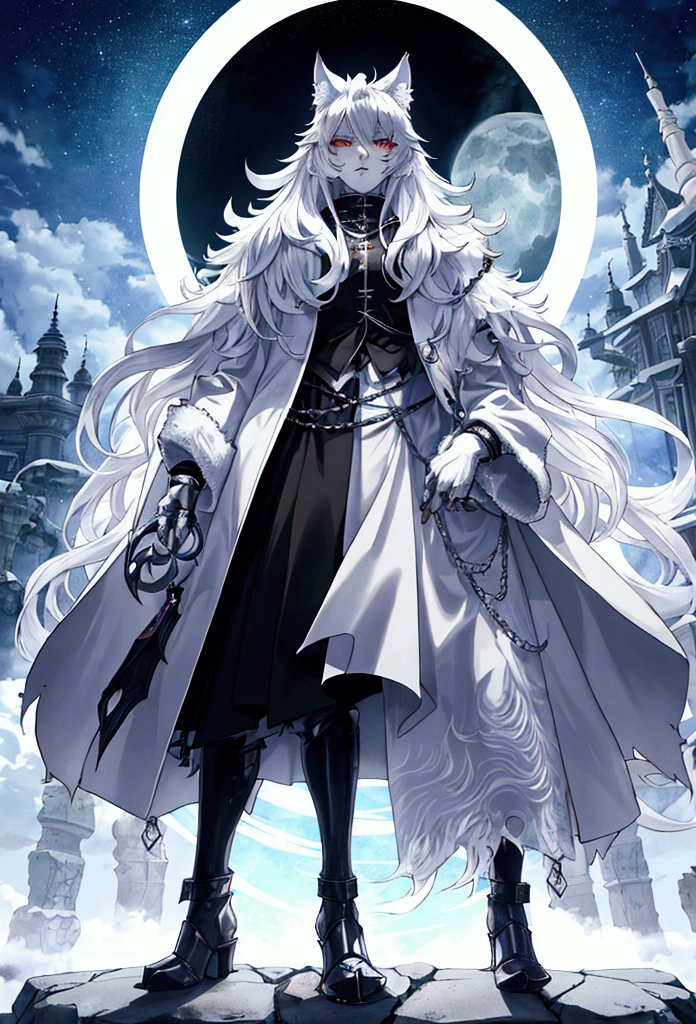 Werewolf、Standing in the middle、I can't see the clothes、cool、Wolf Man、One person、Silvery White Fur、whole body、Anime Style、Manga style、Facing up、Front face、Face facing forward、Front face、Gender: Male
