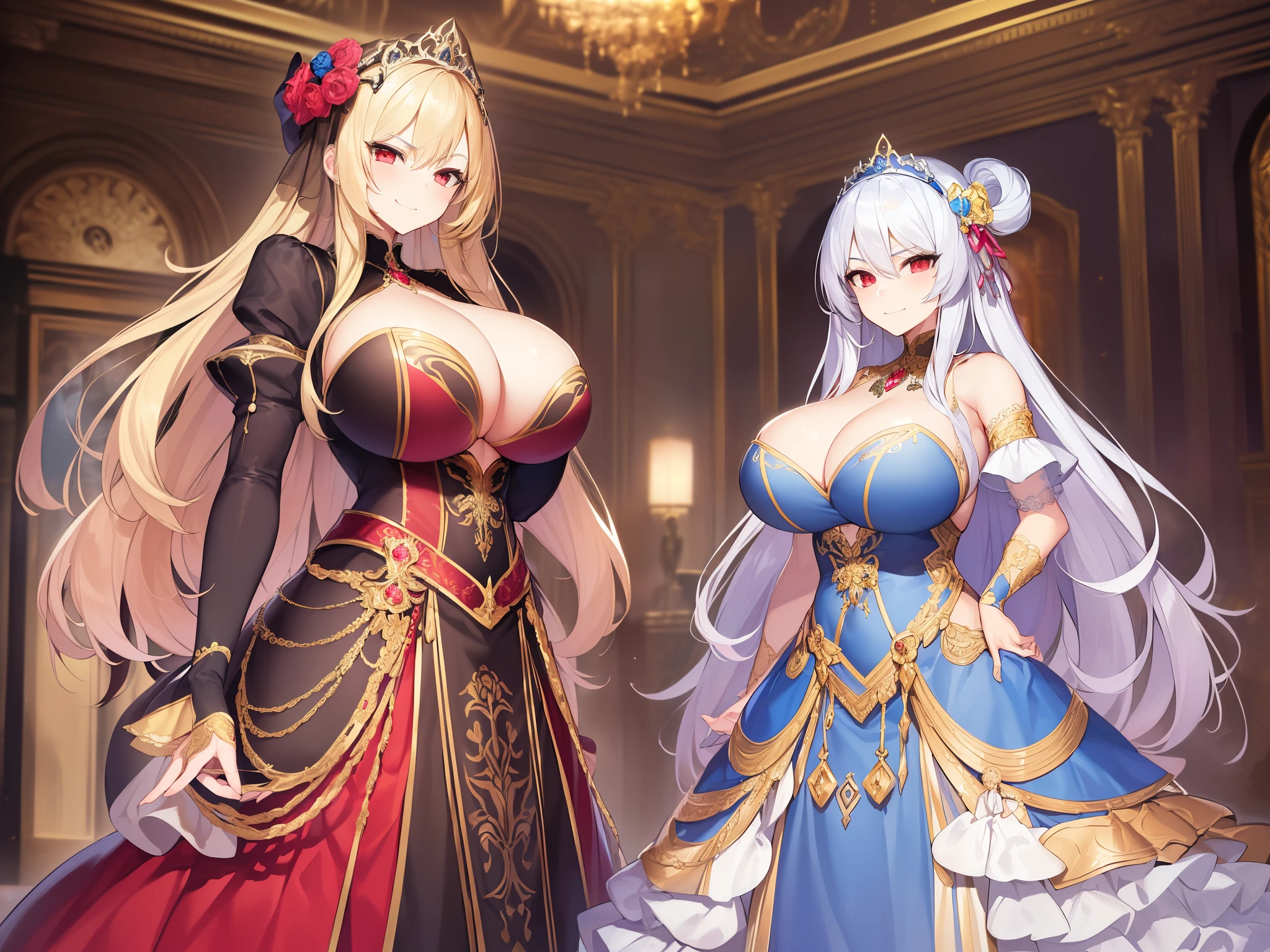 anime artstyle,(((An old mother and a age daughter with different hair colors))),((absurdly long Straight hair,Red Eyes)),(((beautiful embroidery and jeweled gorgeous rococo ballgown with voluminous full length crinoline hoop skirt))),(((absurdly gigantic tits,curvy))),deep cleavage,Skindentation,((detailed face and eyes)),extremely gorgeous hair ornament,((extremely gorgeous big tiara)),luxurious jewelry,((beautiful embroidery and jeweled gorgeous rococo ballgown with voluminous full length crinoline hoop skirt)),(((absurdly gigantic tits))),gorgeous palace,((standing pose,Contrasting poses)),((((Arrogant smile))))