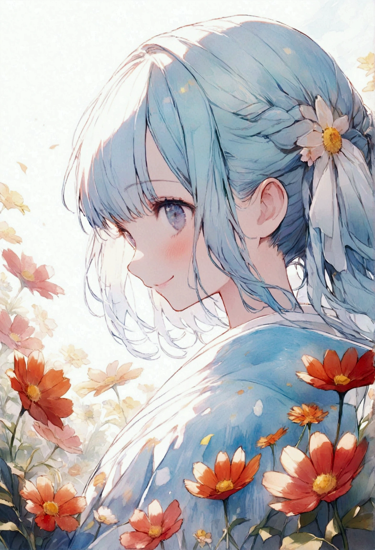 (High resolution、Very detailed、Hmph、movie)、alone、1 Girl、happiness、Girl Standing In Cosmos Flower Garden、Girl around the petals、Cute Smile、Esbian all over、Girl with long blue hair、Light blueの髪、Look forward、Fantasy、Official Art、Pop Art、profile、Very detailed顔、Very detailed目、Cosmos Flower Garden、Ultra Detailed Fields、White blue sky、 Light blue、Blanche、Nebula in the sky、Autumn foliage scenery、Watercolor、pastel colour