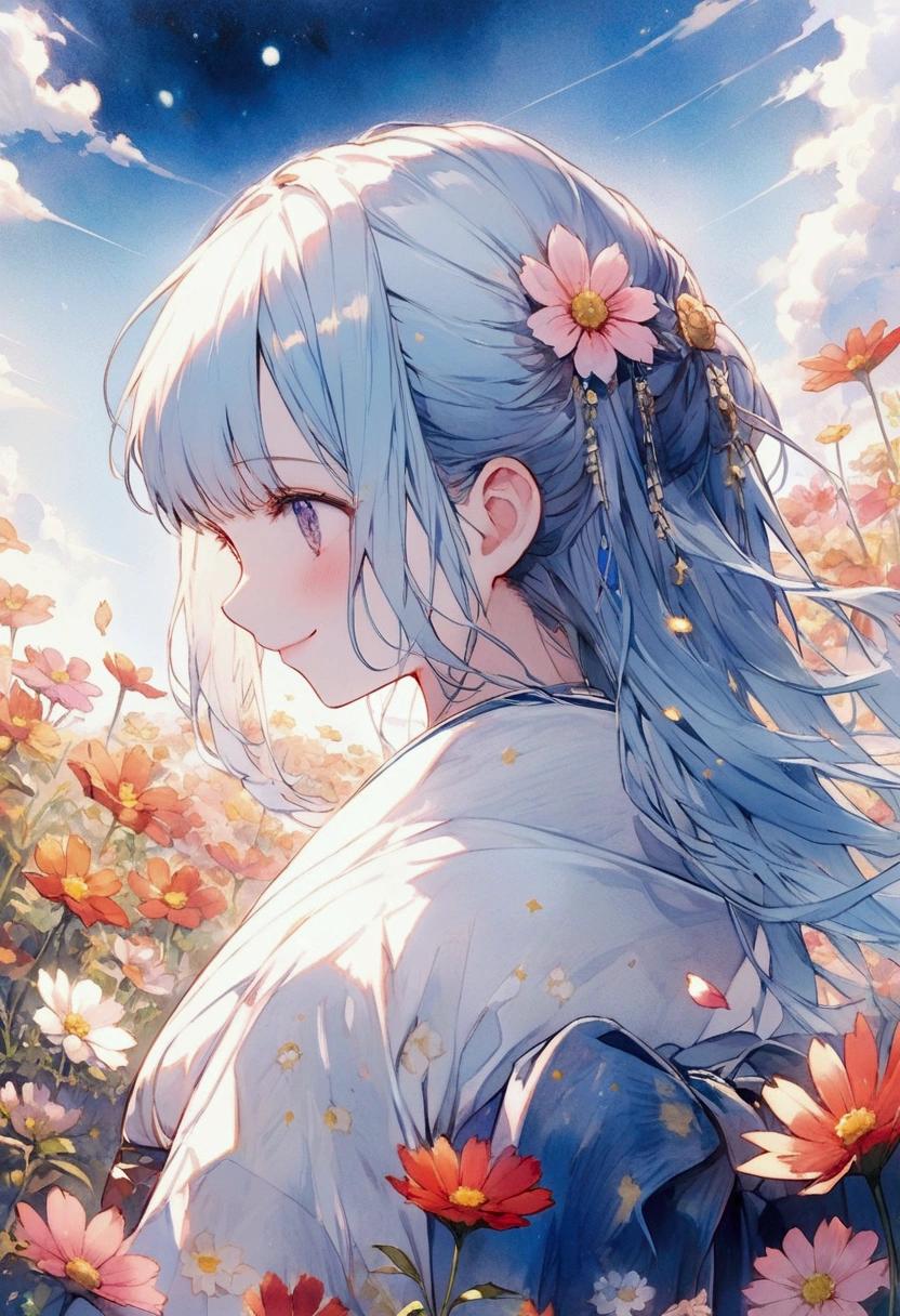 (High resolution、Very detailed、Hmph、movie)、alone、1 Girl、happiness、Girl Standing In Cosmos Flower Garden、Girl around the petals、Cute Smile、Esbian all over、Girl with long blue hair、Light blueの髪、Look forward、Fantasy、Official Art、Pop Art、profile、Very detailed顔、Very detailed目、Cosmos Flower Garden、Ultra Detailed Fields、White blue sky、 Light blue、Blanche、Nebula in the sky、Autumn foliage scenery、Watercolor、pastel colour