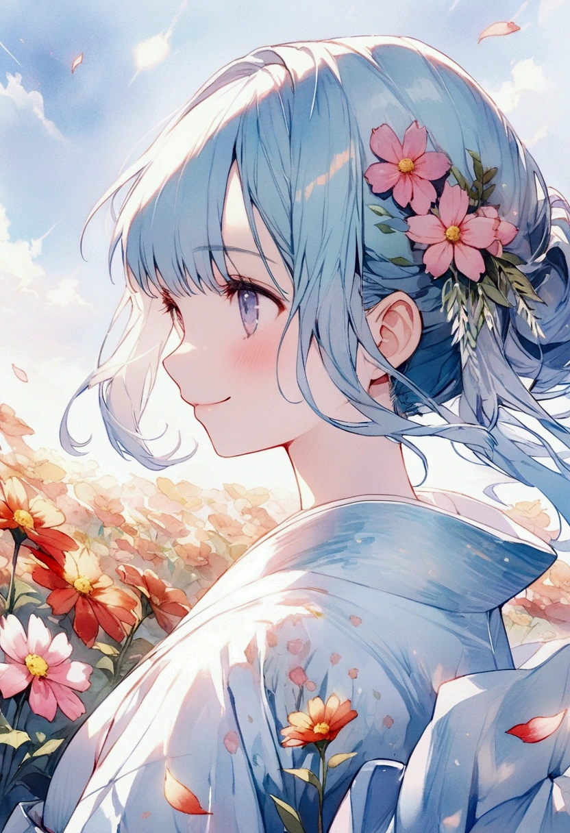 (High resolution、Very detailed、Hmph、movie)、alone、1 Girl、happiness、Girl Standing In Cosmos Flower Garden、Girl around the petals、Cute Smile、Esbian all over、Girl with long blue hair、Light blueの髪、Look forward、Fantasy、Official Art、Pop Art、profile、Very detailed顔、Very detailed目、Cosmos Flower Garden、Ultra Detailed Fields、White blue sky、 Light blue、Blanche、Nebula in the sky、Autumn foliage scenery、Watercolor、pastel colour
