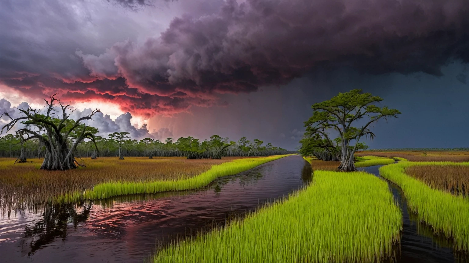 hellish atmosphere, dark red storm clouds, scary clouds, darkness, horror, Louisiana swamp, bald cypress trees & marshes, horizontal-view road, wide-angle shot, background