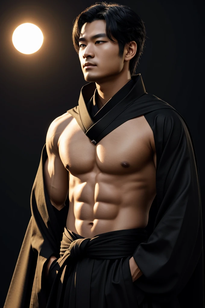 God man。Closeup of upper body。He wears a black hakama..。solar eclipse background。the hair is black。resolution，8k、brown skin masterpiece 