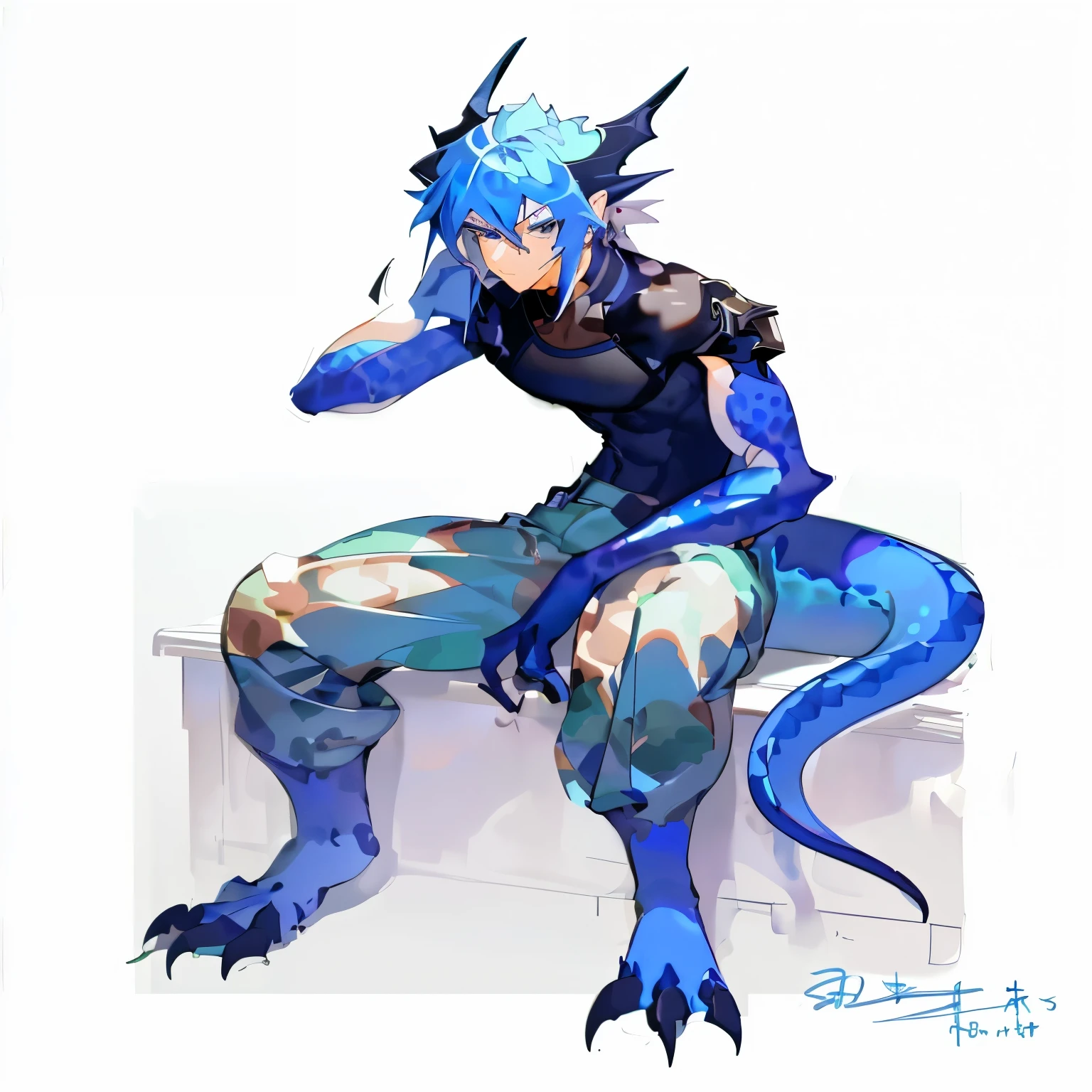 1 man, medium length blue hair, black shirt, baggy camo pants, pale skin, serious, dark blue eyes, muscular build, Dark blue scales on legs, arms, hands, and feet, sitting on chair, inside abandoned building, best quality, masterpiece, perfect generation, detailed, focus