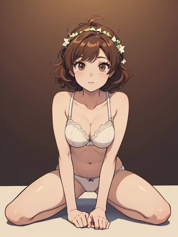 (((masterpiece, Highest quality, Ultra-high resolution, 1 girl, alone, No background))), Very elaborate skin、face、eye、refer to, Beautiful Japanese Women, Small breasts:1.5, skinny, Light brown hair, White Background, Very short curly pixie hair, (Illustration of a girl), Hit the knee, Generate with illustrations, various expressions, Various poses, Please draw the whole character within the frame., If the head is, arms, The leg is not amputated. The background should be simple, The text is centered, overview, anime, underwear, Sitting,