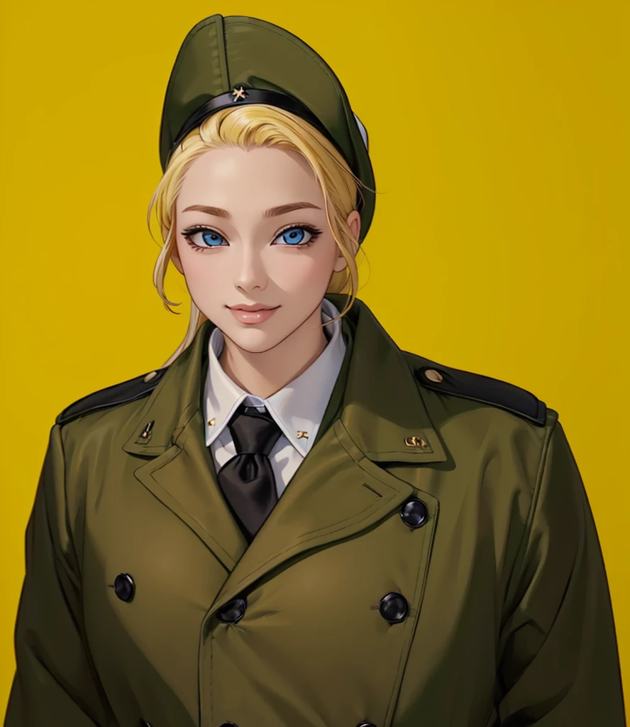 Female, (girls:1.5), (exceptional, best aesthetic, new, newest, best quality, anime, waifu:1.2), best quality, ultra detailed, absurdres, highres, colored, good anatomy, normal eyes, centered eyes, no cockeyed, no cross-eyes black hair, pretty smiling kind face, blonde hair, blue eyes, olive color soft hat, olive color coat, no buttons on the coat, inside white shirt, black tie,