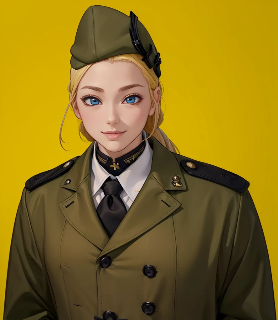 Female, (girls:1.5), (exceptional, best aesthetic, new, newest, best quality, anime, waifu:1.2), best quality, ultra detailed, absurdres, highres, colored, good anatomy, normal eyes, centered eyes, no cockeyed, no cross-eyes black hair, pretty smiling kind face, blonde hair, blue eyes, olive color soft hat, olive color coat, no buttons on the coat, inside white shirt, black tie,