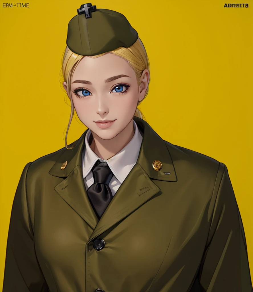 Female, (girls:1.5), (exceptional, best aesthetic, new, newest, best quality, anime, waifu:1.2), best quality, ultra detailed, absurdres, highres, colored, good anatomy, normal eyes, centered eyes, no cockeyed, no cross-eyes black hair, pretty smiling kind face, blonde hair, blue eyes, olive color soft hat, olive color coat, no buttons on the coat, inside white shirt, black tie,