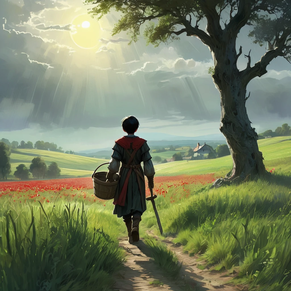 Back view of a boy with short black hair, dressed in a simple farmer’s medieval outfit, walking through a lush grass field at noon. The boy holds a wooden bucket brimming with ripe, red tomatoes. The sunlight casts long shadows across the field, highlighting the vibrant green grass and the well-trodden path beneath his feet. The scene is imbued with a sense of foreboding, with dark, twisted trees bordering the field in the distance, and ominous storm clouds beginning to gather on the horizon, hinting at the darker elements of this medieval dark fantasy setting.