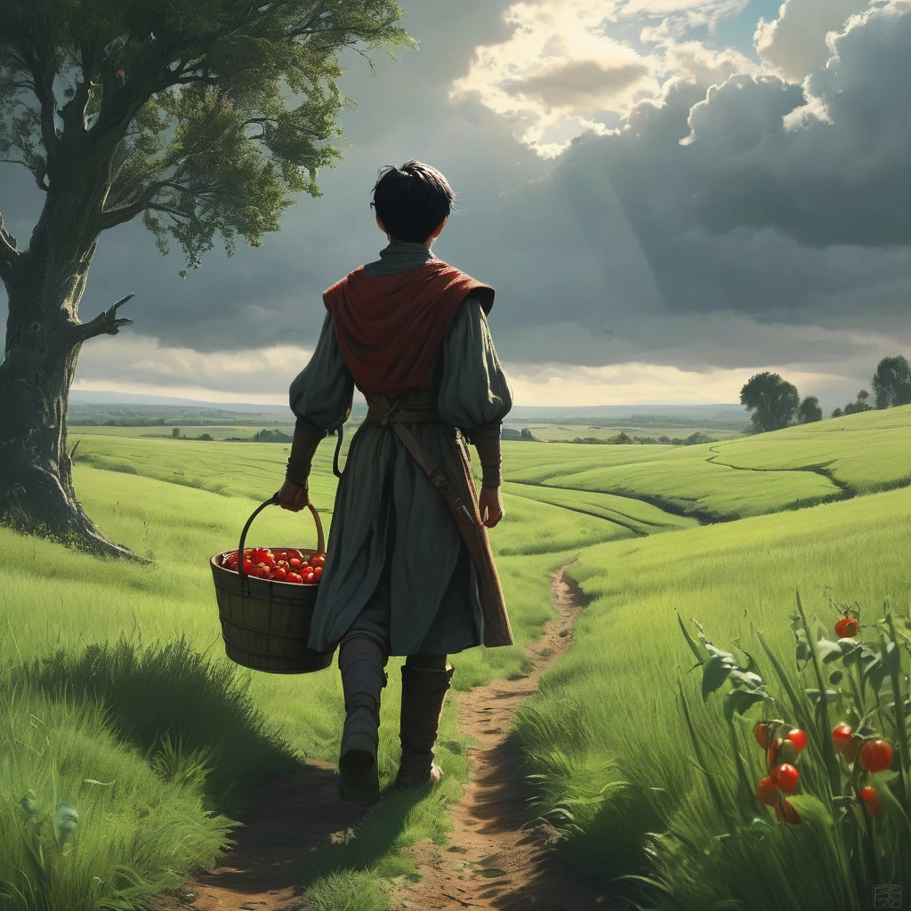 Back view of a boy with short black hair, dressed in a simple farmer’s medieval outfit, walking through a lush grass field at noon. The boy holds a wooden bucket brimming with ripe, red tomatoes. The sunlight casts long shadows across the field, highlighting the vibrant green grass and the well-trodden path beneath his feet. The scene is imbued with a sense of foreboding, with dark, twisted trees bordering the field in the distance, and ominous storm clouds beginning to gather on the horizon, hinting at the darker elements of this medieval dark fantasy setting.