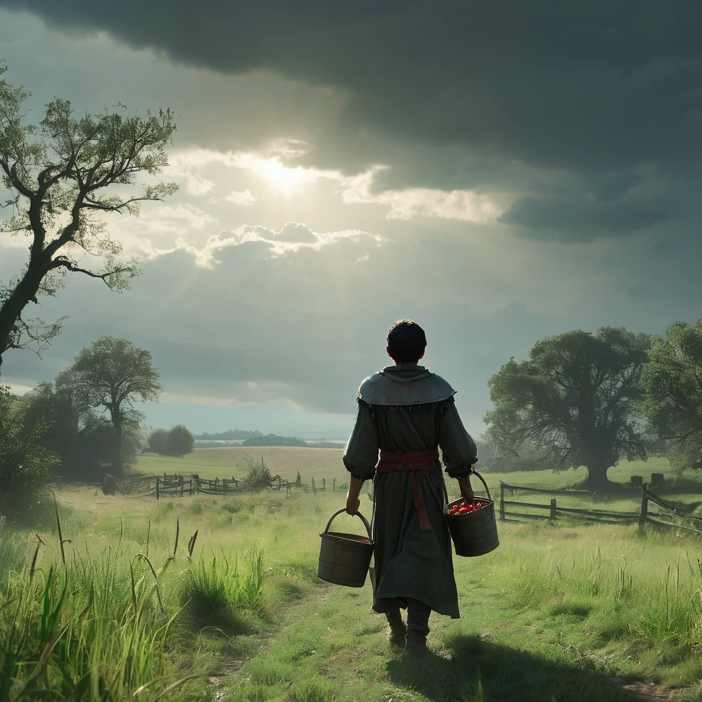 Back view of a boy with short black hair, dressed in a simple farmer’s medieval outfit, walking through a lush grass field at noon. The boy holds a wooden bucket brimming with ripe, red tomatoes. The sunlight casts long shadows across the field, highlighting the vibrant green grass and the well-trodden path beneath his feet. The scene is imbued with a sense of foreboding, with dark, twisted trees bordering the field in the distance, and ominous storm clouds beginning to gather on the horizon, hinting at the darker elements of this medieval dark fantasy setting.