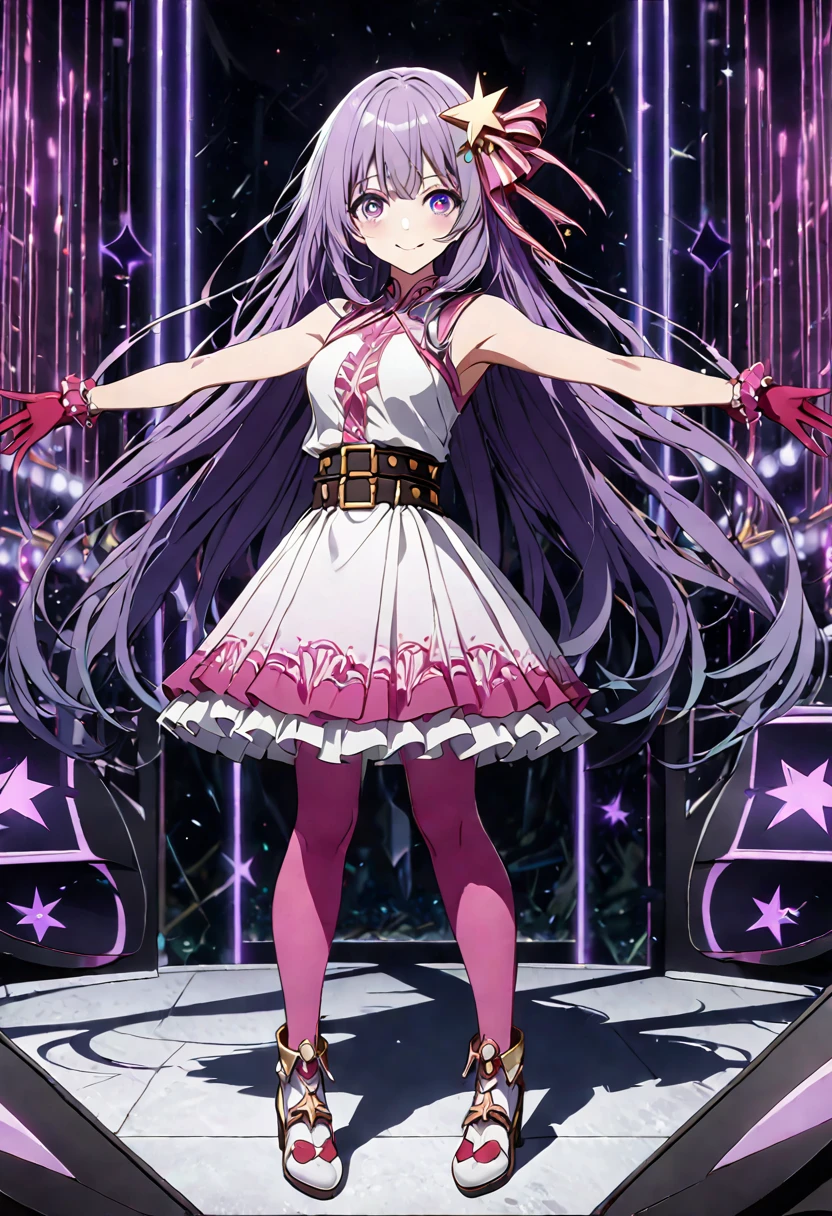 great quality ++ Extremely detailed high resolutionolution, very aesthetic, expressive eyes, (((perfect face))), (((face symmetrical))), ((good anatomy)), (((perfect hands))), (((8k))), UHD, HD wallpaper, (((detailed high cal, (((((1girl)))))), only, masterpiece, La Best Quality, high resolution, Highly detailed, (illustration), beautiful detailed eyes, (((combatant))), ((((full body)))), (((date a live))), (((((Miku Izayoi))))), ((((((((purple hair)))))))), ((((((((purple eyes)))))))), (((rvcm_duotone3_haiRstyle))), (((agglutination))), Combination, (((mature female))), (((bangs))), (((blunt bangs))), (((hime cut))), (((hair ornament))), (((Idol))), (((Concert))), (((dome))), (((dancing))), (((Singing))), (((((((star-shaped pupils))))))), ((((purpler hair)))), (((purple eyes))), (((pink dress))), (((Sleeveless Dress))), (((pink gloves))), (((pink thighhighs))), (((belt))), (((narrow shoulders))), (((narrow waist))), (((They are smiling))), Long hair, huge, garden of a castle, (((mature female))), masterpiece, Best Quality, ((masterpiece)), ((best calidra derailed)), Upper part of the body, (((face to face look))),
