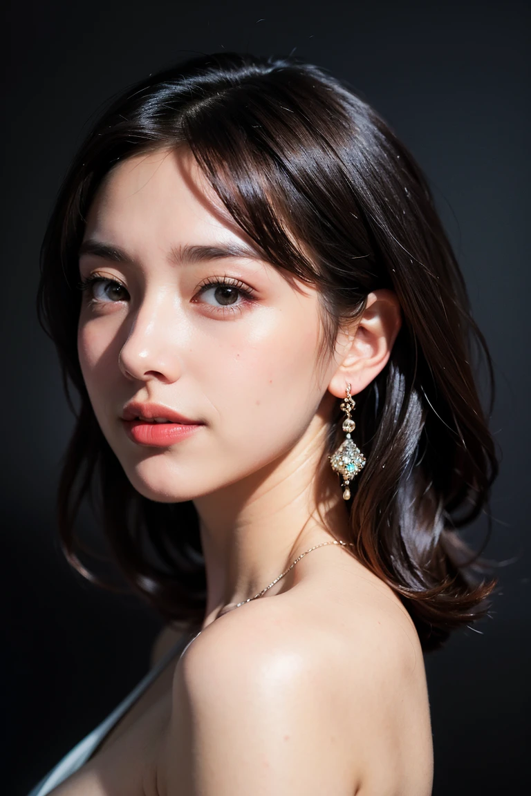 height: 170cm, 30 years old、Pale face and eyes:1.3、Very narrow face and eyes:1.3, (Swollen eyes:1.5)、{Highest quality}, {{masterpiece}}, {Very delicate and beautiful}, Great light and shadow, Highly detailed wallpaper, clear 、1 girl, , blush, Short Bob Hair, (Bare Bust、Supermodel Legs、High heels),  Delicate hair, (Realistic skin texture:1.3), Saggy breasts, Cleavage、or noticeable wrinkles on the skin., B cup, Broad shoulders, ((Dynamic Model Pose)), necklace、ring、earrings、smile、(Front Focus), (In the Dark:1.6), Surrealist female portraits by David Hockney and Alphonse Mucha, Fantasy art, Realistic, Dynamic Lighting, Art Station, Poster, Volumetric lighting, Highly detailed face, 4K, Awards, 1 girl, In the Dark, Deep Shadow, Discreet keys,  Long Hair, color々angle, color々performance、Inside the luxury lounge