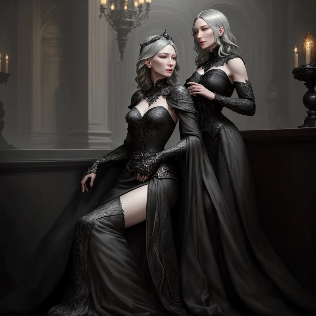 ((Best quality)), ((masterpiece)), (intricate), Female, Cate Blanchett, black gray hair, gray eyes, black long dress, Strict, goddes, fantasy, Luxearte, Jun Kim