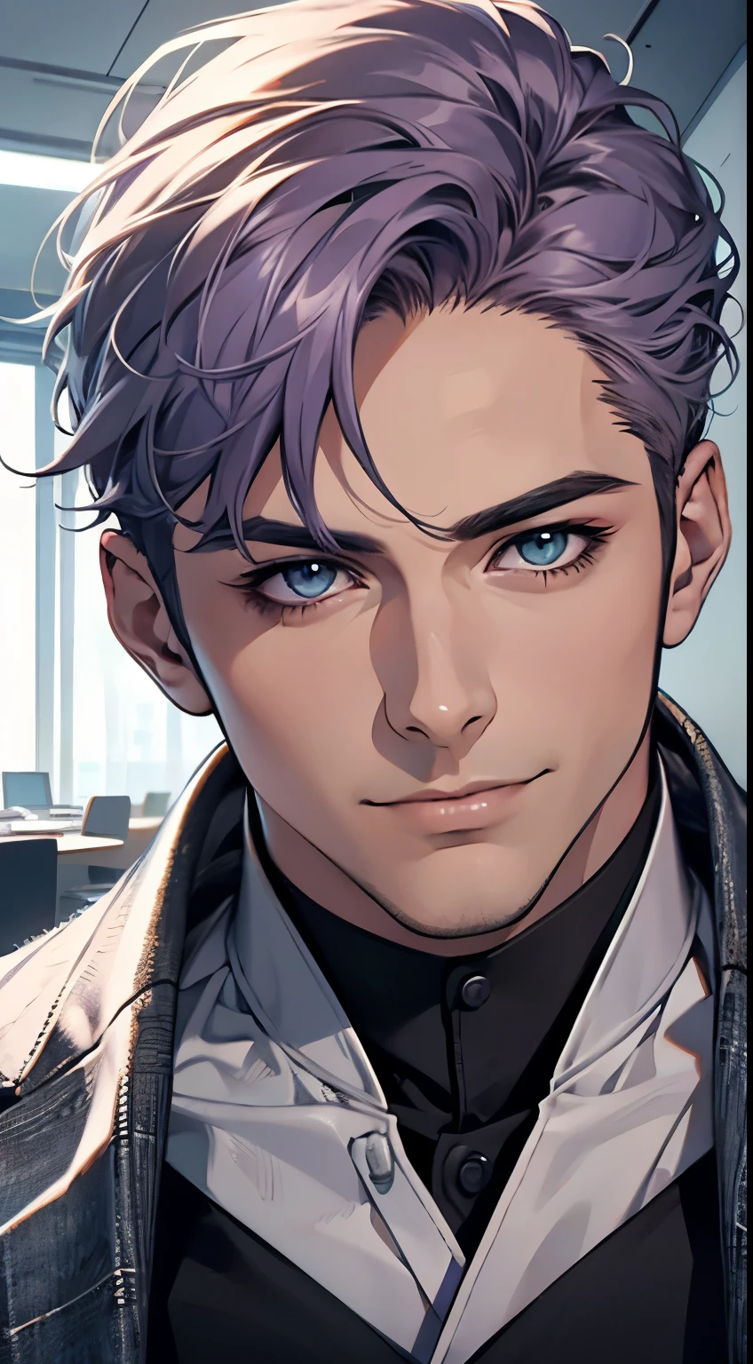 (best quality,4k,8k,highres,masterpiece:1.2),ultra-detailed,(realistic,photorealistic,photo-realistic:1.37),1 man,31 years old,mature man,very handsome,without expression,smile,short grey purple hair,blue eyes,penetrating gaze,perfect face without errors,imposing posture,businessman,office background,cinematic lighting,hdr imagep