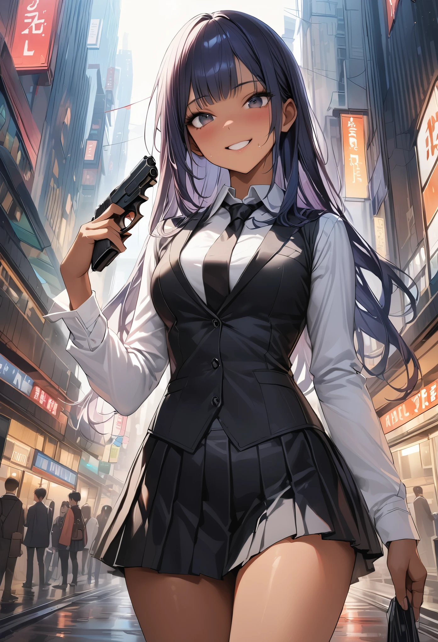 ((masterpiece,Highest quality:1.3,best quality illustration)),realistic,cowboy shot,1woman,(22 year old beauty),((very small head:1.4)),ideal ratio body proportions,dark blue hair,straight long hair,bangs,black eyes,gorgeous big eyes,smile,((tan skin,skinny)),(Black vest、Black tie、White collared shirt、Long sleeve、Black pleated mini skirt)),medium breasts,gleaming skin,slender body,sweat,A detailed depiction of a handgun in hand,on street,Shinjuku、Tokyo、
