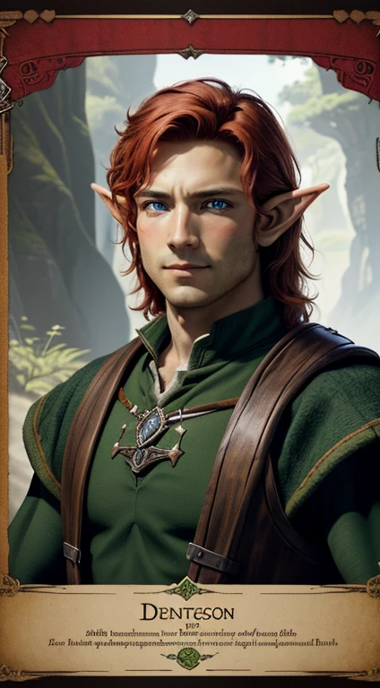 ((better resolution, High Definition, cinema photo, portrait of adventurer, professional portrait, RPG character poster., as heroes of Dungeon and Dragons)), there is a man with red hair and a green shirt, a portrait of a male half elf, portrait of a young half elf wizard, a male elf, Male elf ranger, half elven male, epic role playing portrait, symmetrical fantasy rpg portrait,, Portrait of a DND character, full body dnd character portrait, A portrait of an elf