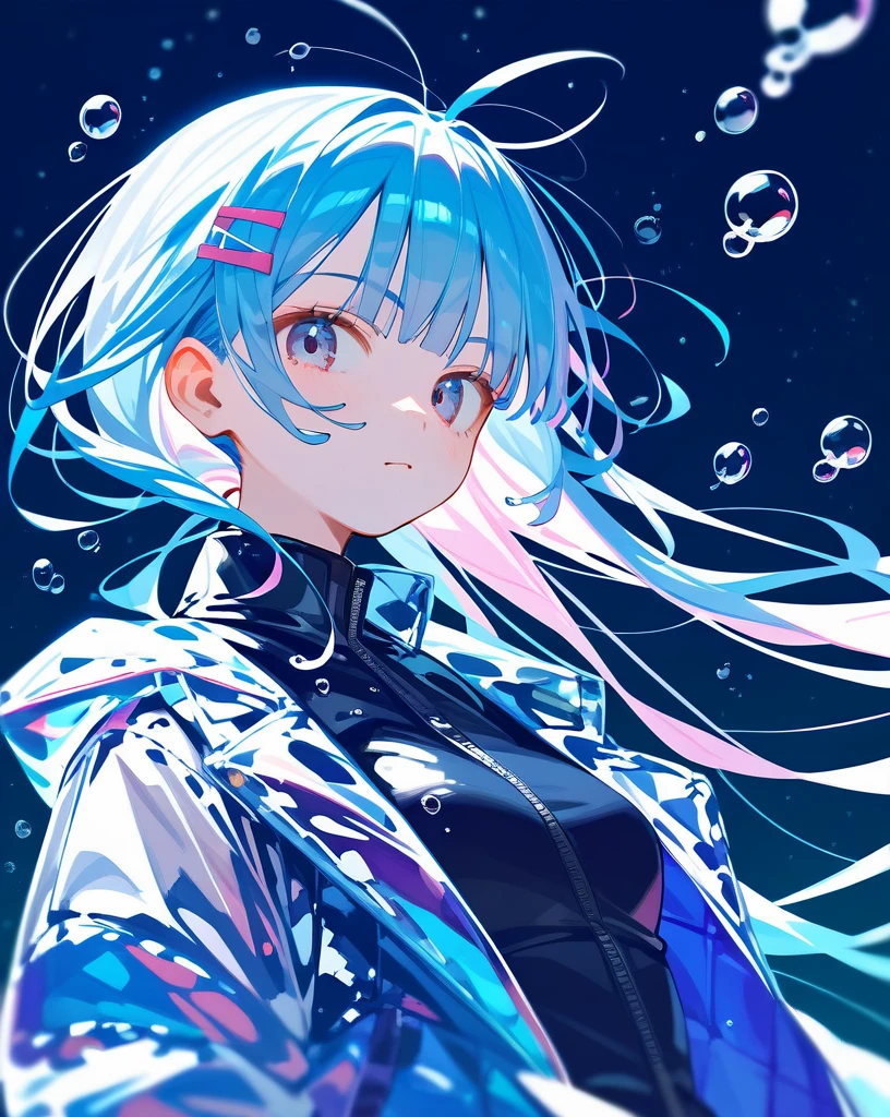 An anime girl, looking at viewer, bubbles, highly detailed, reflective transparent iridescent opaque jacket, long transparent iridescent RGB hair, beautiful, kawaii realistic portrait anime