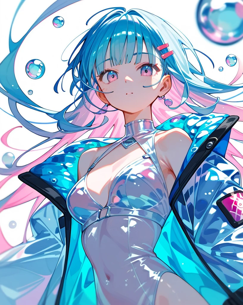 An anime girl, looking at viewer, bubbles, highly detailed, reflective transparent iridescent opaque jacket, long transparent iridescent RGB hair, beautiful, kawaii realistic portrait anime