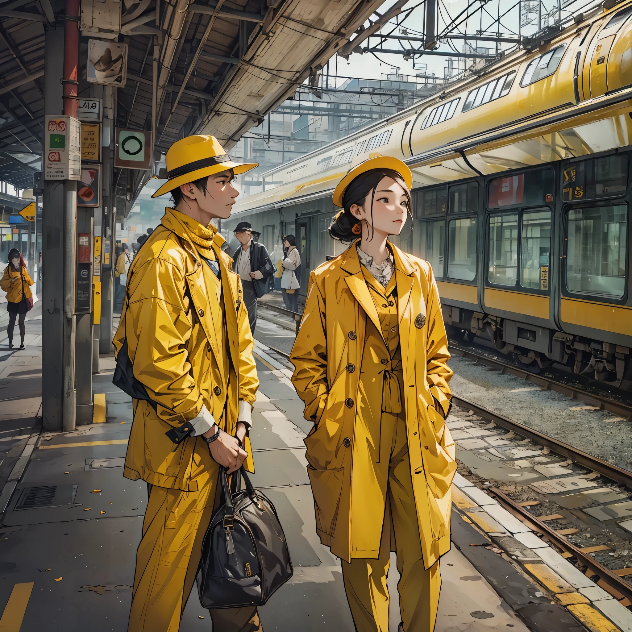 Inspired by the masters of MBTI、A man and a woman in yellow clothes waiting for a train on a station platform。Stylish and cool atmosphere。