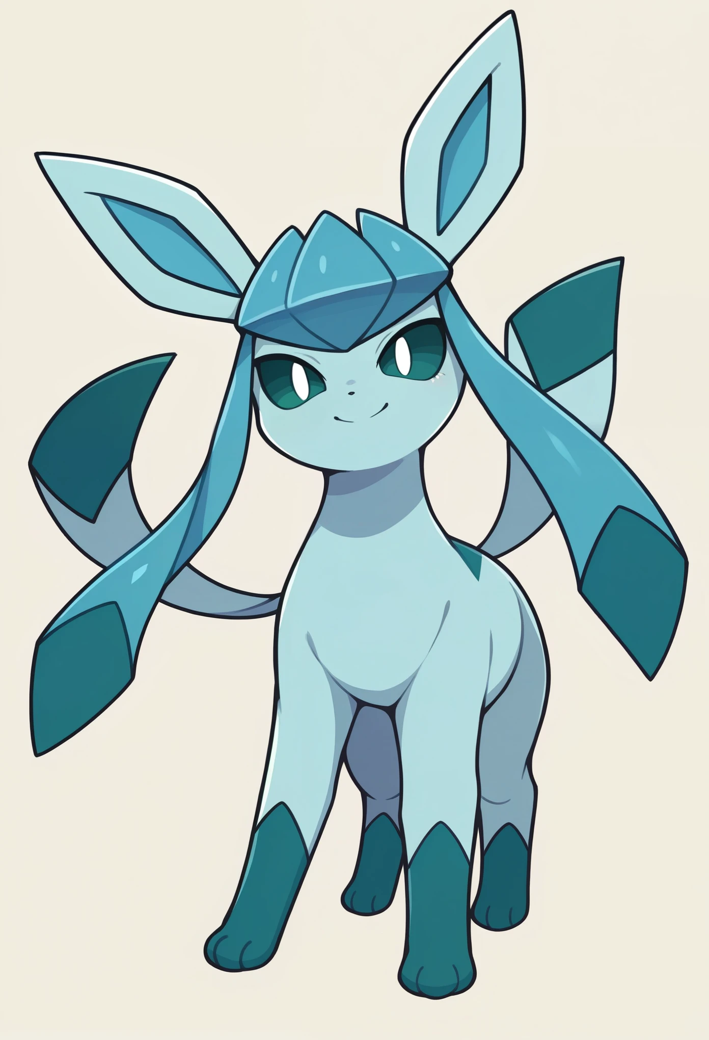 (masterpiece, best quality:1.2,ultra detailed,8k),solo,glaceon \(pokemon\),pokemon \(creature\),full body,no humans,green eyes,happy,looking at viewer,smile,quadrupedal,animal ears,tail