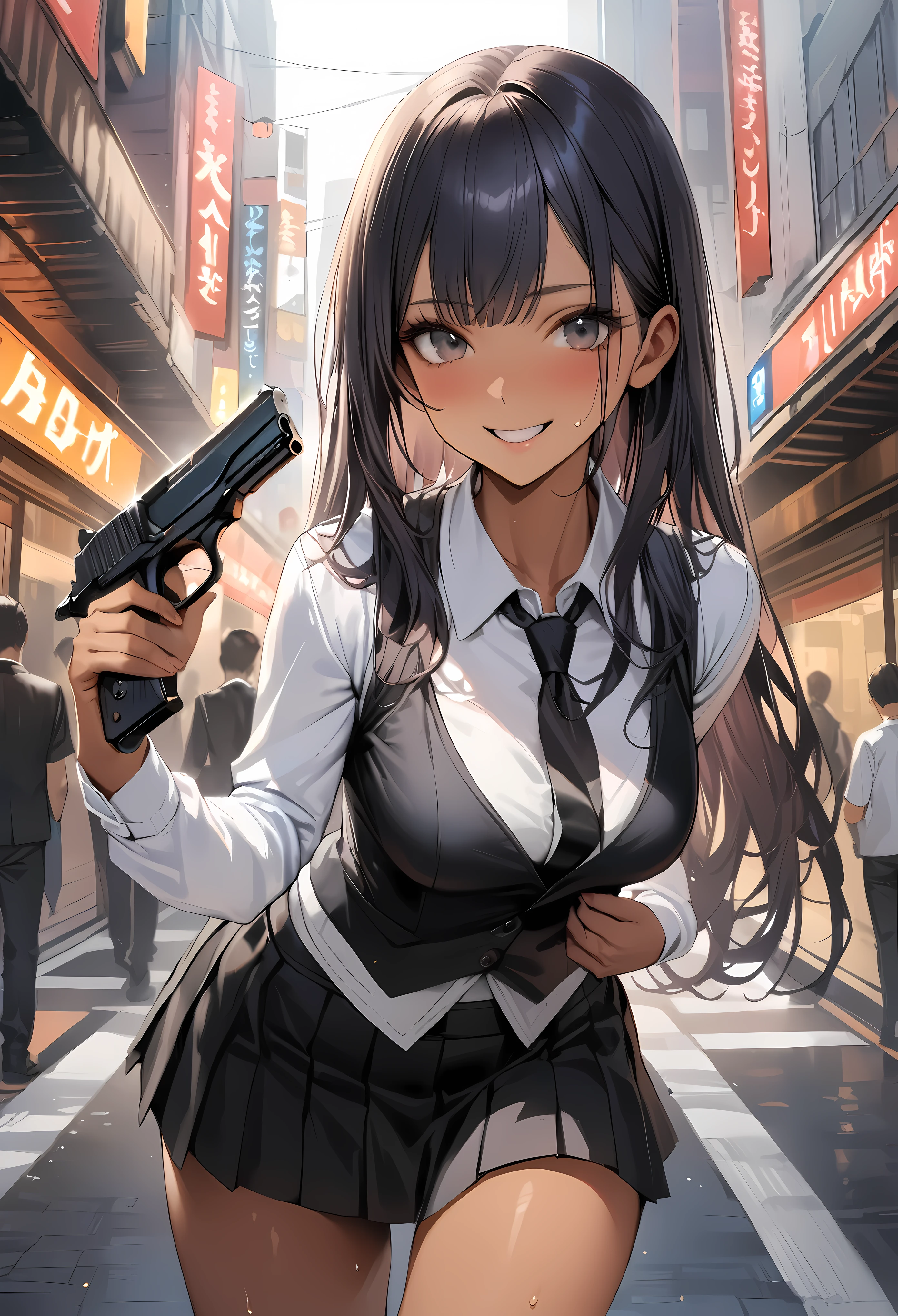 ((masterpiece,Highest quality:1.3,best quality illustration)),realistic,cowboy shot,1woman,(22 year old beauty),((very small head:1.4)),ideal ratio body proportions,dark blue hair,straight long hair,bangs,black eyes,gorgeous big eyes,smile,((tan skin,skinny)),(Black vest、Black tie、White collared shirt、Long sleeve、Black pleated mini skirt)),medium breasts,gleaming skin,slender body,sweat,A detailed depiction of a handgun in hand,on street,Shinjuku、Tokyo、