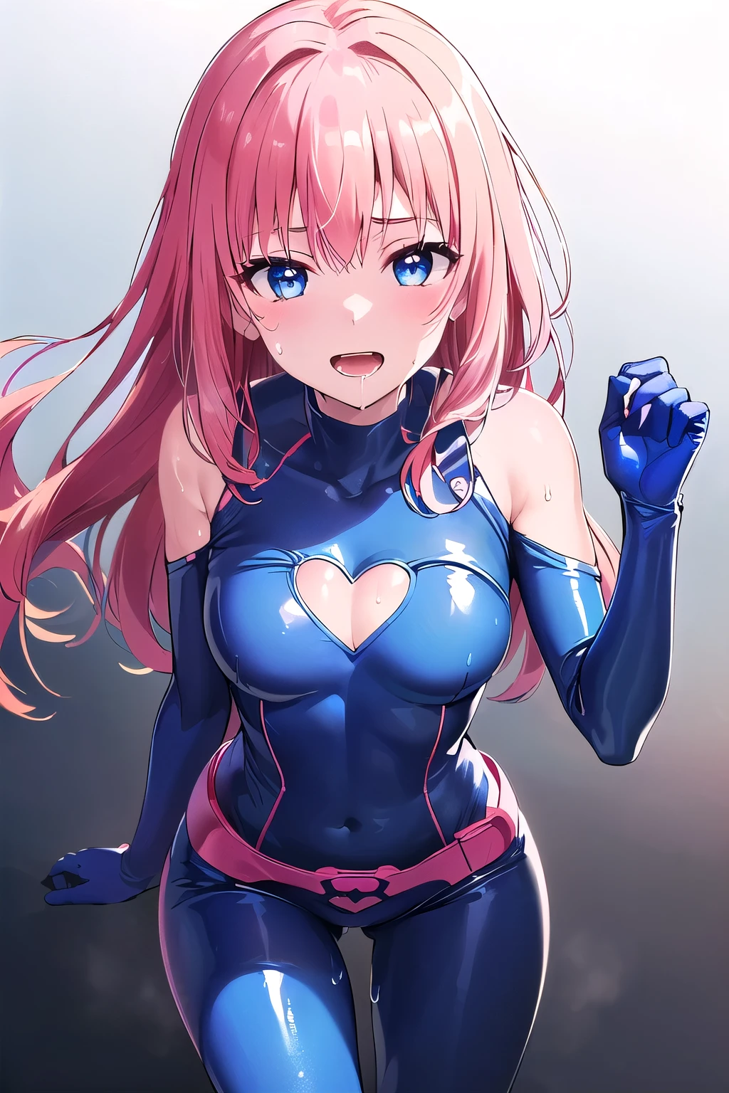 (8K, top-quality, masterpiece:1.2), (reallistic, Photorealsitic:1.37), Super Detail, One girl,), (Highly detailed), (beautifully detailed eyes), (of the highest quality), (super detailed ), (masterpiece), (Detailed face),20yr old, ,1 girl, ((pink hair,long hair)), medium breasts, clothed, Perfect Lighting, BREAK, (blue superheroine:1.5), (shiny blue bodysuit:1.5), (heart-shaped chest cutout:1.4), (long sleeves:1.3), (blue gloves:1.2), (blue knee-high boots:1.4), (blue belt:1.2), (heart accessories:1.3), (dramatic makeup:1.3), (very tight-fitting bodysuit:1.5), (glossy stretchy fabric:1.3), BRAKE, (blue superheroine:1.5), (long pink hair flowing over one shoulder:1.4), (smiling with a hint of a wink:1.3), (chest cutout in heart shape:1.4), (glossy blue bodysuit:1.5), (flirty expression:1.3), (seductive pose:1.4), (mysterious gaze:1.2), (white gradient background with subtle shine:1.3), (dramatic lighting emphasizing chest and hair:1.5), BRAKE (sweat:1.5), (steam:1.2), (girl trembling with sexual climax:1.1), (looking at viewer:1.3), ahegao, (open mouth, drool:1.2)

