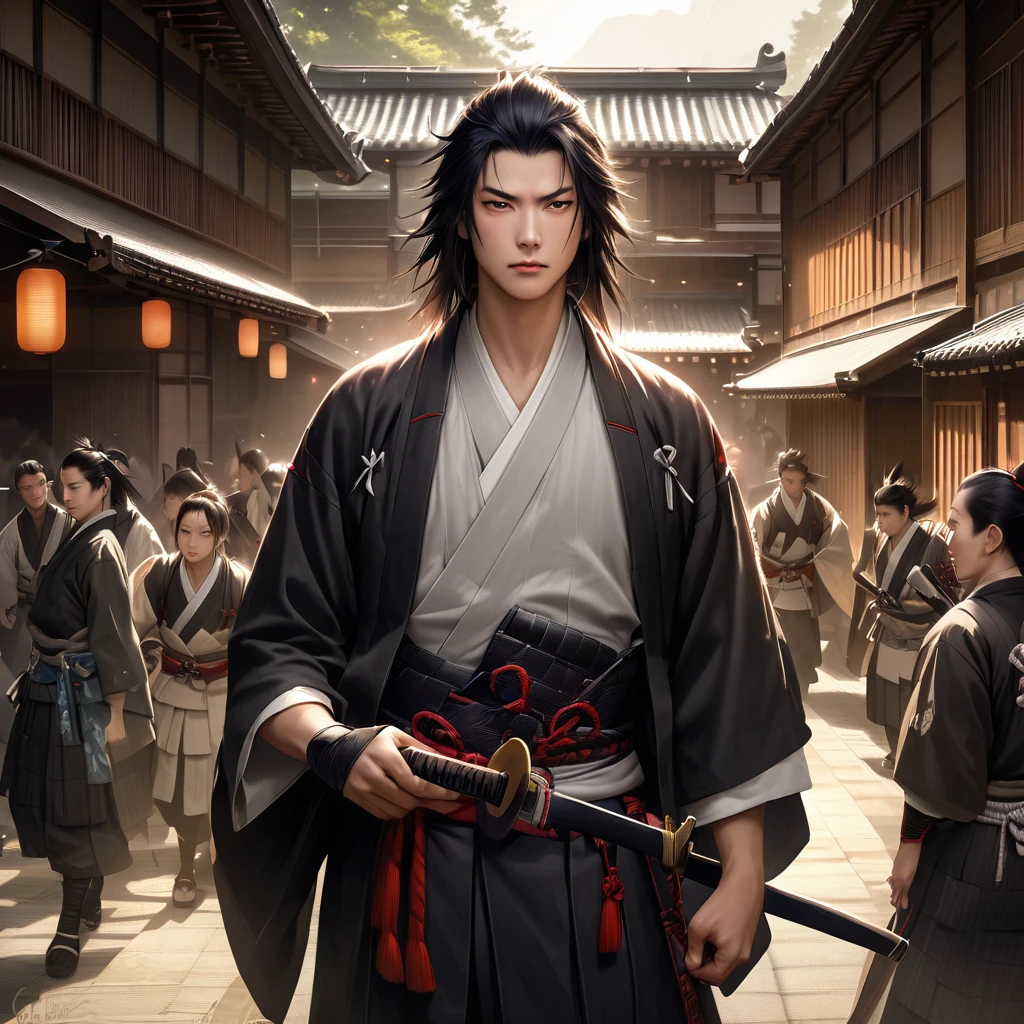 Date Masamune as a young samurai, sword in hand, causing chaos, realistic depiction of a traditional Japanese setting"