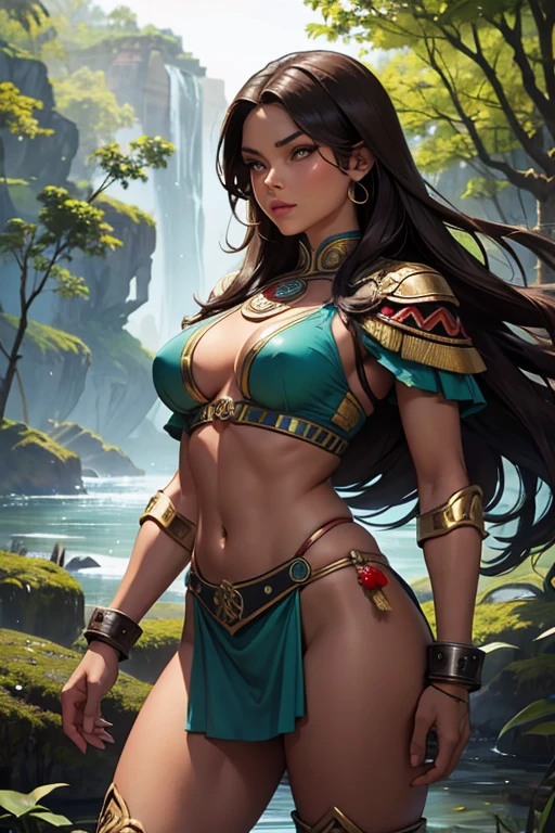 Beautiful Aztec warrior woman; dressed in her war uniform made of jade and obsidian stone; The woman has dark skin, dark brown eyes; straight dark brown hair; medium breasts and shapely legs (not muscular); ready for a battle in the middle of the forest by the river; masterpiece; 8k; fine details on the woman's body; fine details in the woman's eyes and lips; fine details in women's clothing