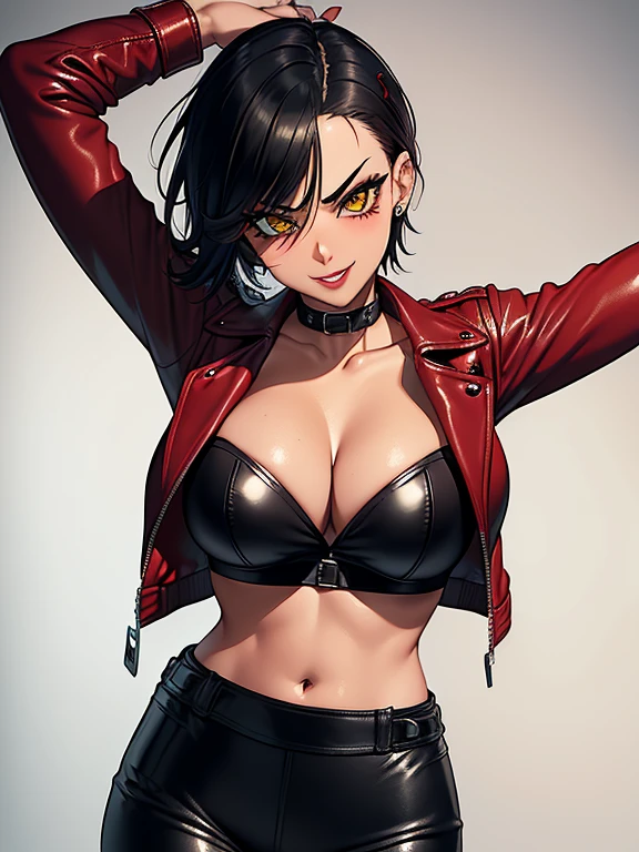 (masterpiece, best quality), 1girl, 26 year old woman, tan-bronze skin, yellow eyes, medium breasts, hourglass figure, athletic, blushing, snarky expression, she's adventitious and thrilled, wide smile, short hair, black hair, bangs, mascara, red lipstick, ((Wearing red biker jacket, cropped red leather jacket, strapless red top, black leather pants), tight fitting clothing, cleavage, midriff, at rave, nightclub, heavy makeup, kissable lips, punk, punk style, punk hair, dancing,