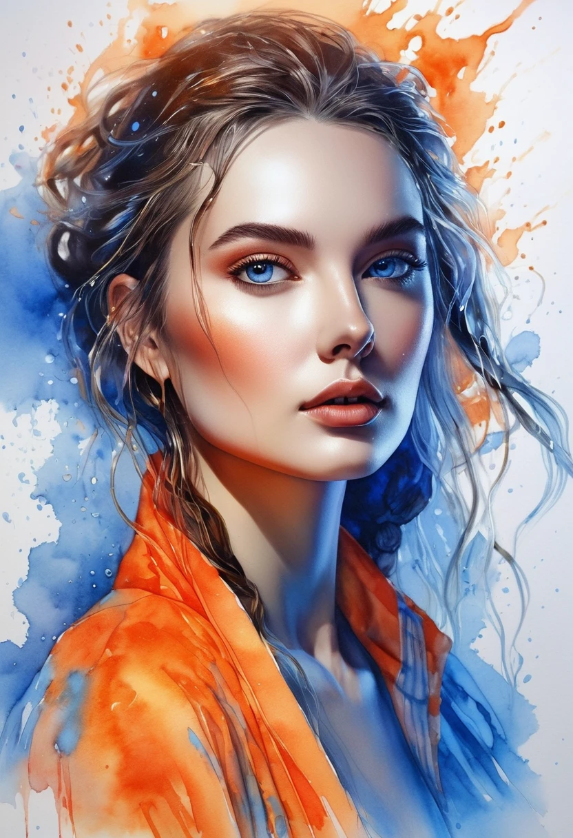 women beautiful neon fictional , ancient stories, High detail, portrait, light studio, colorful, high precision, strong, beautiful, classic, science, Renaissance, wet water color ink, color orange and blue, painting watercolor, ultra clear
