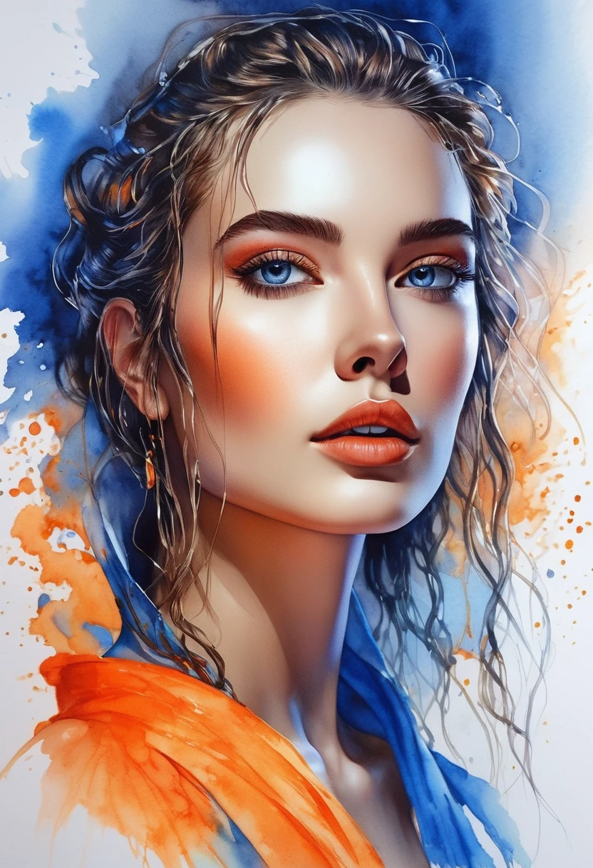 women beautiful neon fictional , ancient stories, High detail, portrait, light studio, colorful, high precision, strong, beautiful, classic, science, Renaissance, wet water color ink, color orange and blue, painting watercolor, ultra clear
