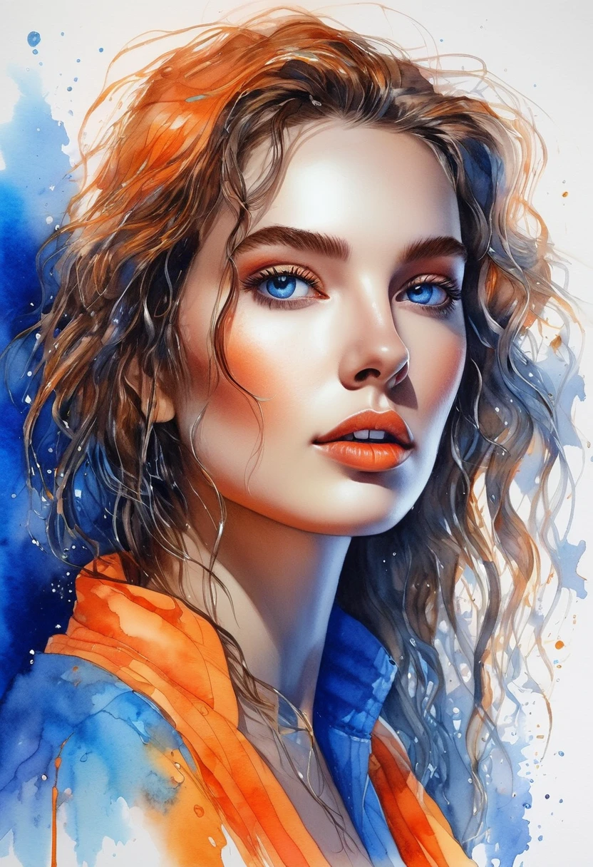 women beautiful neon fictional , ancient stories, High detail, portrait, light studio, colorful, high precision, strong, beautiful, classic, science, Renaissance, wet water color ink, color orange and blue, painting watercolor, ultra clear
