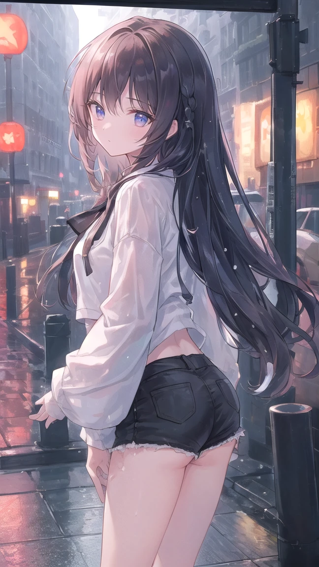 a girl,long hair,cat ears,serafuku,hands in pockets,open jacket,(white thighhighs:1.5),pleated_skirt,(floating:1.33),(Floating water droplets:1.35),panties,see-through,(wet:1.3),(steam:1.2),Blurred car,from back,(rain:1.5),on street,Surface reflection,Wet ground,Walking Man,city lights,(masterpiece:1.3),(best quality:1.4),ultra high res,(detailed facial features),HDR,8k resolution,