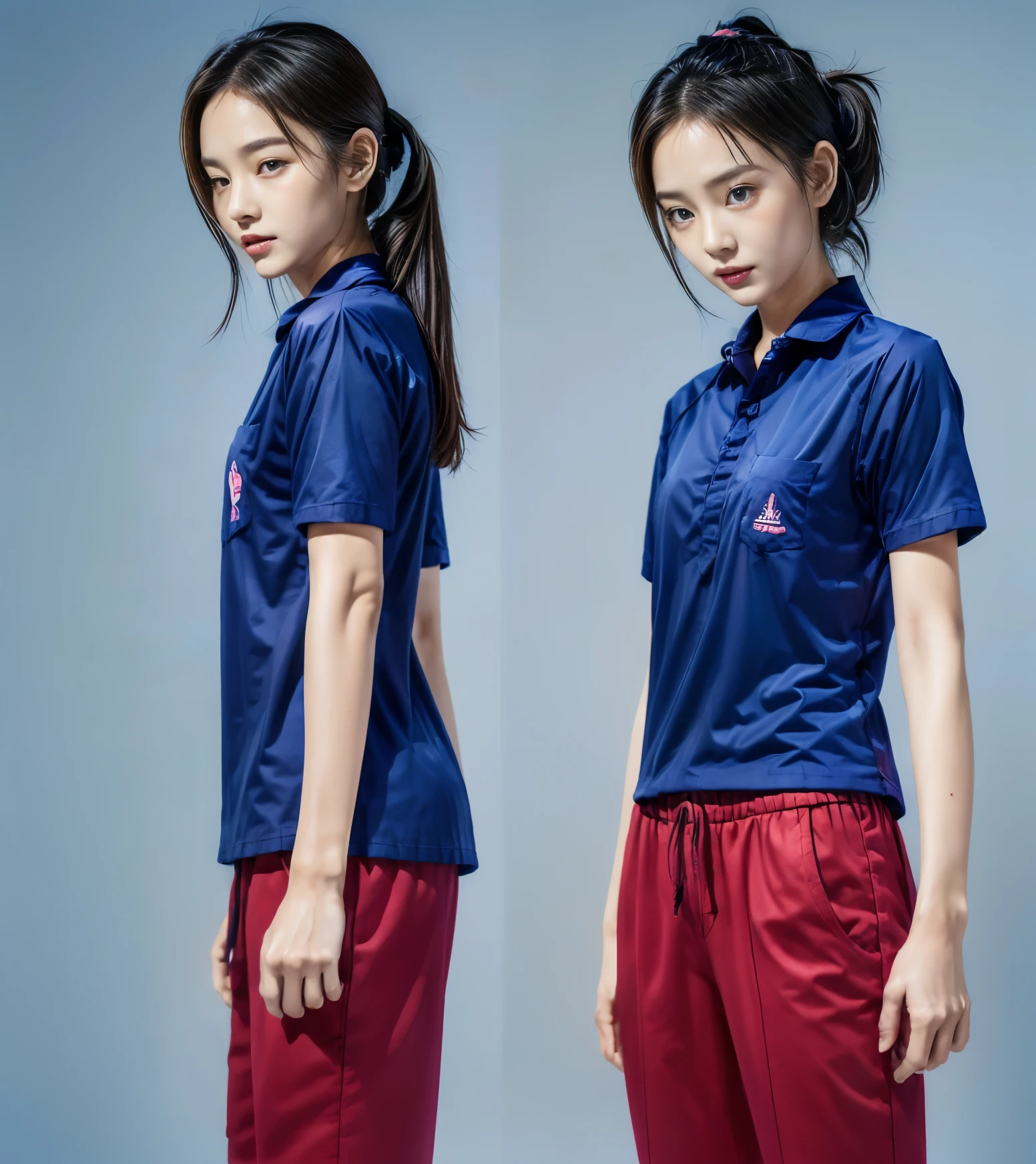 (best quality,10,10,height,Masterpiece:1.2),Special details,(realistic,ภาพrealistic,Realistic photos:1.37),1 Cute girl in the kitchen,shiny, ผิวshiny,only,smile softly,BDclothelue shirt:1.3)),short sleeve,shirt, กางเกงขาlong.,(navy_long_track pants:1.1), ((Kitchen Background)),Dynamic angle,excited,Face focus,dynamic poses,from behind,focus on ass,Masterpiece, best quality, ultra realistic, hyper detail, 8k resolution, raw photos, Sharp focus, ((Navy blue shirt:1.1)), short sleeve, เส้นทางlong, perfect body, 2 mature women, 18 years old, Cinema-grade lighting system,blue sweatpants,shirtผ้าออกกำลังกาย,correct anatomy,perfect body, correct body, Sharp face, correct bodyทางกายวิภาค, full body, realistic gestures, long-haired, realistic poses,Wear long shorts...........................,ช่วงขาlong,Good shape,carved girl, Slender figure, model, Good shape, beautiful body,blue sweatpants, two girls kissing