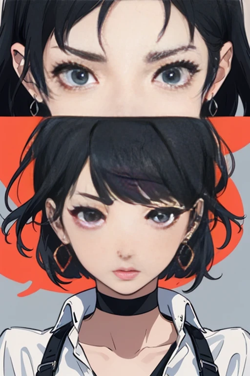 "(Better Quality, first work:1.2) | Detailed Eyes:1.2 1 Female (Dynamic English, perspective, Long Hair) choker, shirt, ear earrings, finely, first work."