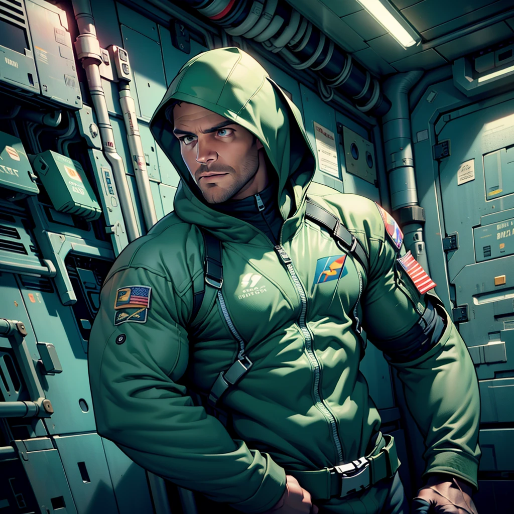 32k,masterpiece, best quality, detailed face, natural eyes,1man, solo mature man, muscled and mature, stephen amell as an astronaut wearing future space suit, dark green suit, showing muscles and bulge ,floating in the space inside a space shuttle , with "arrow" text and logo on his suit , full body, intricate Detailed background